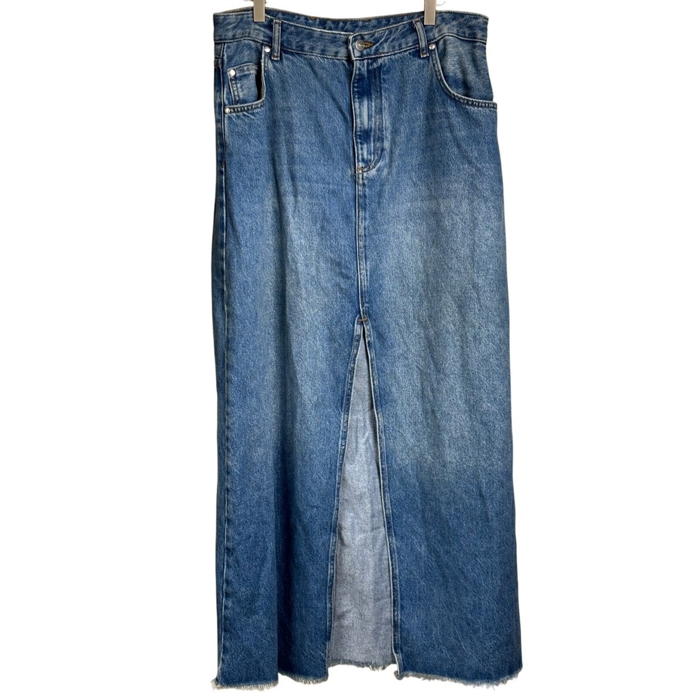 Pilcro Madi Denim Maxi Skirt Blue Raw Hem Front Slit Size 12, coastal cowgirl